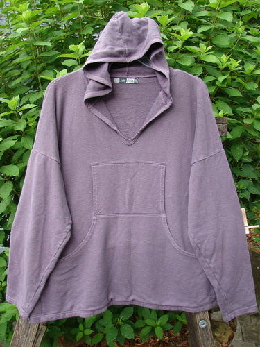 Barclay Cotton Hemp Roo Pocket Hoodie Pullover Rear Birdie Plum OSFA features a cozy hood, kangaroo pocket, domain shoulders, and longer sleeves, offering a generous A-line fit and unique rear birdie design.