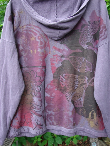 Barclay Cotton Hemp Roo Pocket Hoodie Pullover Rear Birdie Plum OSFA features a cozy fleece with a kangaroo pocket, domain shoulders, longer sleeves, and a birdie design on the back.