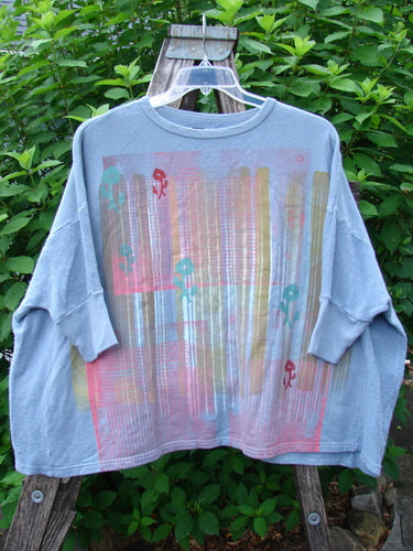 Barclay Hemp Cotton Banded Sleeve Colors Sweatshirt Grid Flower Peacock OSFA, featuring a wide boxy shape, dolman sleeves, and contrasting textured side panels with a floral grid pattern.