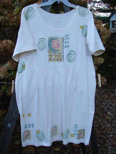 1992 Little Storma Dress Moon White OSFA featuring a deep rounded neckline, celestial moon-themed patches, variegated silk ribbon details, and a gathered top half rear with a drop lower rear waist panel.