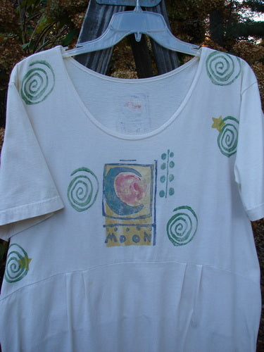 1992 Little Storma Dress Moon White OSFA featuring a moon and spiral design on the front, with a deep rounded neckline and gathered top half rear.