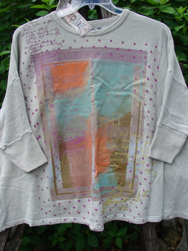 Barclay NWT Hemp Cotton Banded Sleeve Colors Sweatshirt Birdie Note Cloud OSFA showcases a graphic design on a mid-weight organic cotton fleece, featuring dolman banded sleeves and contrasting textured hemp side panels.