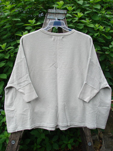 Barclay NWT Hemp Cotton Banded Sleeve Colors Sweatshirt Birdie Note Cloud OSFA displayed outdoors on a hanger, showcasing its wide boxy shape, dolman banded sleeves, rounded neckline, and contrasting textured hemp side panels.