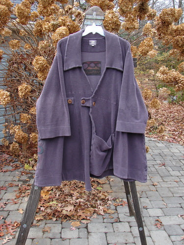 2000 Patched Celtic Moss Highlander Coat Aubergine Size 0, displayed on a rack, showcasing its plush, dense fleece fabric, empire waistline, diagonal back seams, and a single large front pocket.