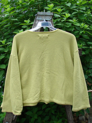 Barclay Fleece Crop Boxy Sweatshirt Blue Fish Logo Sunshine OSFA displayed outdoors, showcasing its wide shape, drop shoulders, and cozy wide sleeves, emphasizing its unique logo theme and comfortable fleece texture.