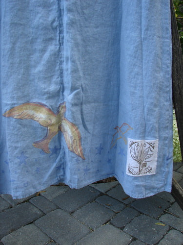 1999 Handkerchief Linen Sunbeam Dress Love Dove Water Altered Size 1, featuring a bird and flower motif on lightweight linen, curved empire waist, and flared lower.