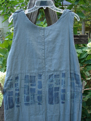 2000 Almost Seven Jumper Stone Path Blue Mineral Altered Size 1 with button shoulders, deeper neckline, yoked waist seam, tabbed hem sides, and stone path pattern.