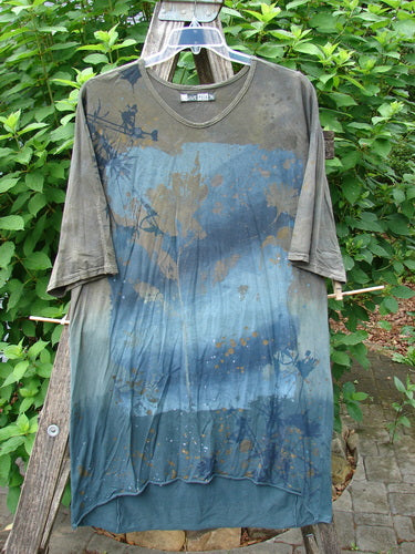 Barclay Tournesol Slim Tunic Sea Botanicals Mottled Brown Ocean OSFA displayed on a hanger, showcasing its mid-length dress style, rounded neckline, and loose three-quarter sleeves with a sea botanicals theme.