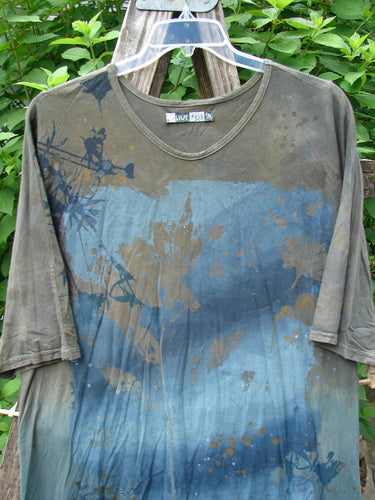 Barclay Tournesol Slim Tunic Sea Botanicals Mottled Brown Ocean OSFA, featuring a unique sea botanical pattern, mid-length design with drop shoulders, rounded neckline, and varying hemline, ideal for expressing individuality.