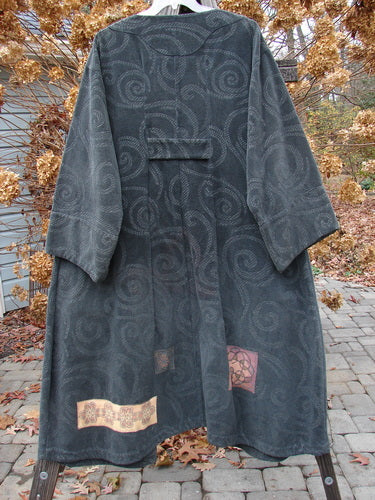 2000 Patched Upholstery Diwmach Coat Swirl Black Size 2 featuring a luxurious damask swirl pattern, colorful patches, large pocket, scalloped neckline, vintage buttons, belled sleeves, and pleated rear.