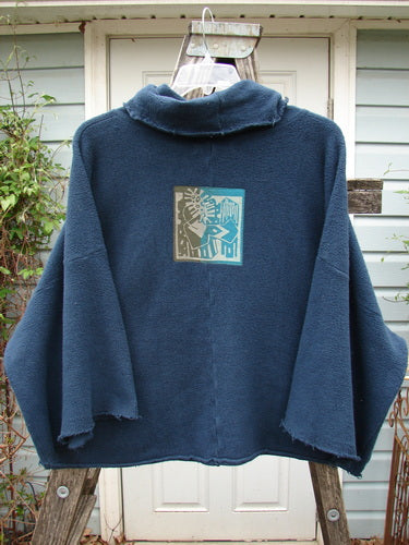 Barclay Patched Celtic Moss Crop Cowl Neck Pullover Navy OSFA with a full floppy cowl neck, raw seams, and a single rear center patch, showcasing its unique, oversized design.