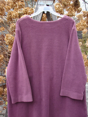 2000 Celtic Moss Hobo Coat Unpainted Murple Size 1 on a clothes rack, featuring 5 metal-like buttons, deep V neckline, belled sleeves, and Blue Fish signature patch.