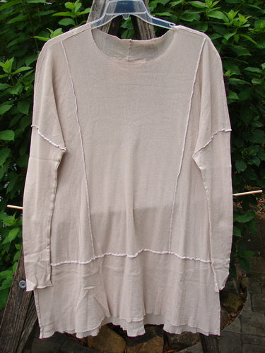 Barclay Cotton Mesh Exterior Stitch Sectional Overtop Unpainted Pink Cloud Size 2 on a tree branch, showcasing its wide neckline, super long sleeves, drop shoulders, and varying hemline.