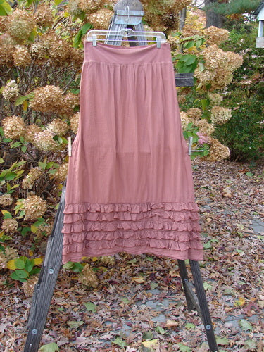 Barclay NWT Voile Foldover Five Ruffle Skirt Unpainted Kiss Cliff Size 2 displayed on a wooden rack, showcasing its full cotton waist panel and ruffled five-row paneled hemline.