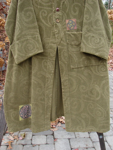 2000 Patched Upholstery Diwmach Coat Swirl Pine Size 2 featuring a luxurious damask swirl pattern, scalloped neckline with vintage buttons, belled sleeves, large pocket, and rich, heavy-weight tapestry cotton fabric.