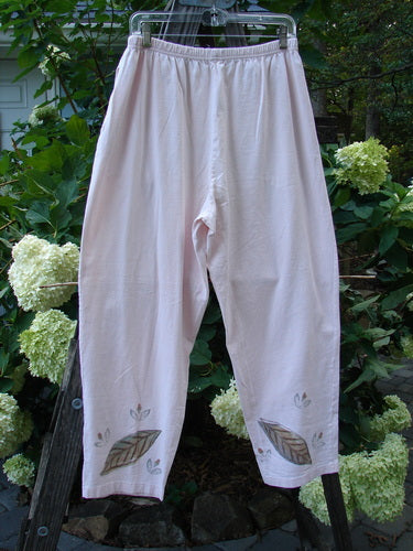 1999 Simple Vent Pant Fallen Leaf Orchid Size 1 with elastic waistline, lower ankle vents, and inseam pockets, featuring a fallen leaf pattern, made from organic mid-weight cotton.