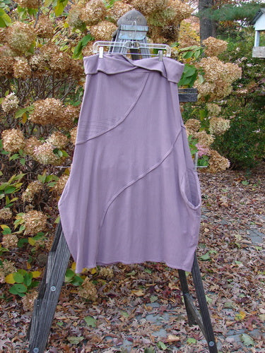 Barclay Cotton Lycra Fold Over Lantern Skirt Stripe Plum Size 2 displayed on a clothes rack, showcasing its bell shape, cross-paneled waistline, and exterior stitchery details.