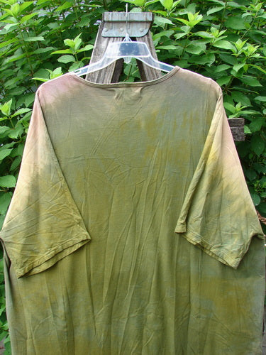 Barclay Art Tee Primitive Path Mottled Fall Festival OSFA displayed on a hanger, showcasing its tunic length, rounded neckline, three-quarter sleeves, and unique hemline, reflecting Bluefishfinder.com's vintage style.