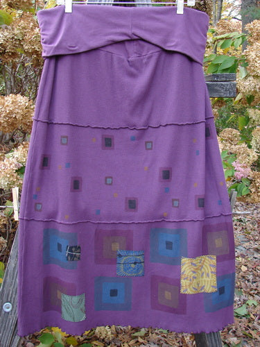 Barclay Patched Thermal Fold Over Pencil Panel Skirt Grid Stripe Magenta Size 2, featuring squares, tiny patches, and horizontal stitchery along the hem, made from organic cotton thermal.