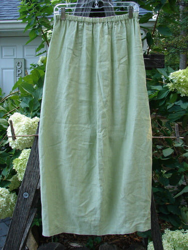 2000 Cross Dye Linen Contour Skirt Unpainted Celery Size 0 displayed on a wooden ladder, showcasing its full elastic waistband and vertically paneled sides for extra hip room.
