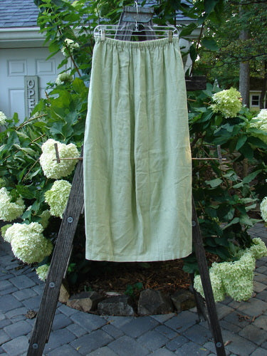 2000 Cross Dye Linen Contour Skirt Unpainted Celery Size 0 displayed on a wooden ladder, showcasing the full elastic waistband and vertically paneled sides for extra hip room.