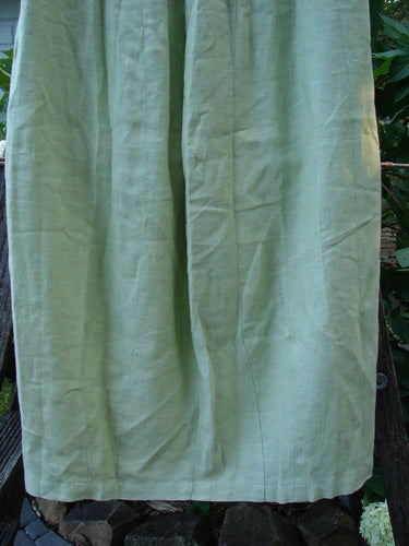 2000 Cross Dye Linen Contour Skirt Unpainted Celery Size 0 shown hanging on a clothesline, highlighting its full elastic waistband and vertically paneled sides for extra hip room.
