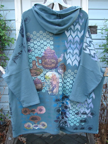 Barclay Fleece Hooded Zip Pocket Jacket Equestrian Light Love Mirror Size 3, featuring a teapot and flowers design, cozy hood, split zipper, kangaroo pockets, and dolman shoulders, perfect for vintage style.