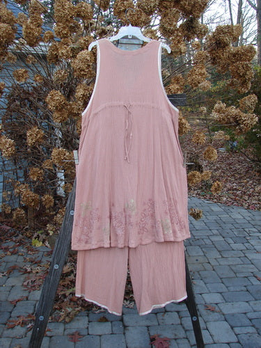1998 Gauze Shell Layering Duo Tiny Floral Blush Size 2: A pink outfit on a swinger, featuring a skirt with a tie and a pair of pants.