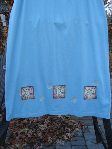 1997 Elements Dock Straight Duo Shells Atlantis Size 2: Blue skirt with sea life designs around the hem and a full elastic waistband, paired with a medium-weight cotton vest featuring a single button closure.