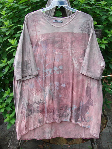 Barclay Tournesol Tunic Bunny Field Mottled Mauve OSFA, featuring a rabbit design, longer tunic length, drop shoulders, loose three-quarter sleeves, and varying hemline, embodying BlueFishFinder's unique, creative vintage style.