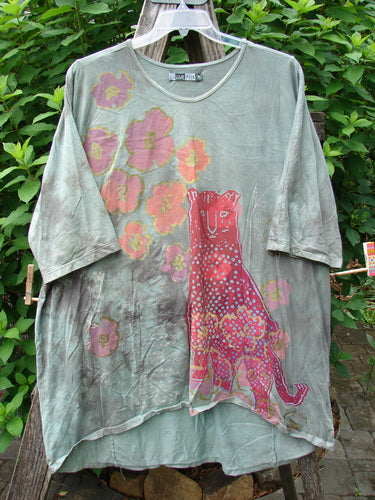 Barclay Tournesol Tunic Spotted Cat Mottled Grass Field OSFA features a playful spotted cat design, drop shoulders, and loose three-quarter sleeves, embodying BlueFishFinder's vintage charm and creative flair.