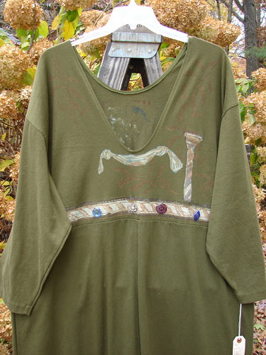 1993 NWT Holiday Button Maker's Dress Roman Goddess Olive OSFA featuring a deep V neckline, vintage buttons around the waist, and Roman Goddess-themed paint.
