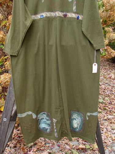 1993 NWT Holiday Button Maker's Dress Roman Goddess Olive OSFA featuring vintage buttons, deep V neckline, wide shoulders, and vertical drawcords on hem; perfect condition, rare, from Blue Fish Clothing.