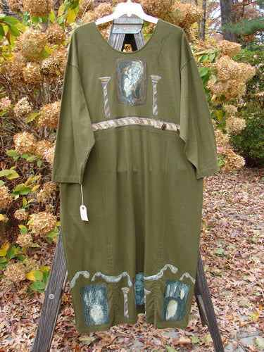 1993 NWT Holiday Button Maker's Dress Roman Goddess Olive OSFA with vintage buttons around the waistline, deep V neckline, wider shoulders, and Roman Goddess theme painting.