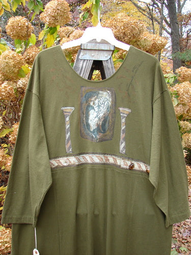 1993 NWT Button Maker's Dress: Olive cotton dress with Roman Goddess painting, V neckline, vintage buttons, draw cords, and tapered hemline.