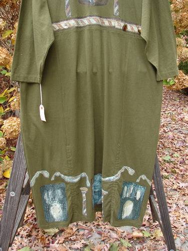 1993 NWT Holiday Button Maker's Dress Roman Goddess Olive OSFA with hand-painted Roman Goddess design, deep V-neckline, vintage buttons at waist, and vertical draw cords at hemline.