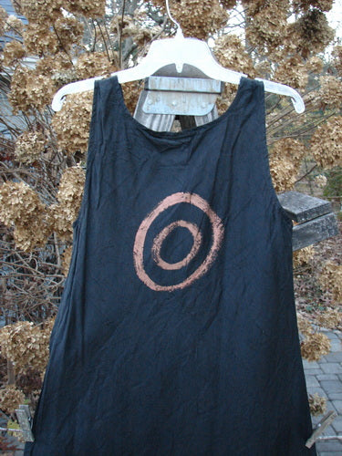 2000 Signed by Jen Shaunting Silk Gather Duo Spin Size 1: Black tank top with a white circle, featuring a shallow neckline and arm opening, paired with a crushed silk skirt.