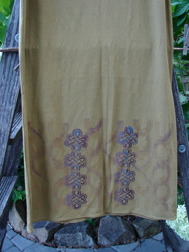 2000 NWT Rayon Lycra Narrow Skirt Celtic Celebration Bone Size 2, featuring a long hourglass shape, flattened elastic waistband, horizontal sectional panels, and unique bottom paint.