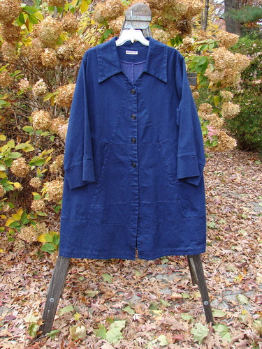Barclay Denim Triangular Collar Coat Unpainted Royal Size 2 displayed on a clothes rack, showcasing its full button front, A-line shape, banded sleeves, and diagonal front paneled pockets.