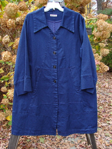 Barclay Denim Triangular Collar Coat Unpainted Royal Size 2 displayed on a hanger, highlighting its full button front, banded sleeves, paneled pockets, and unique triangular lines and panels.