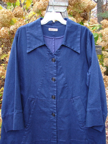 Barclay Denim Triangular Collar Coat Unpainted Royal Size 2 displayed on a swinger, featuring a full button front, banded lower sleeves, diagonal front pockets, and an A-line shape.