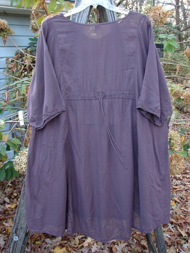 Barclay Linen Drawback Pocket Tunic Golden Daisy Plum Size 2 hanging on a line, showcasing its lightweight short-sleeved design, epitomizing vintage Blue Fish Clothing's creative and expressive style.