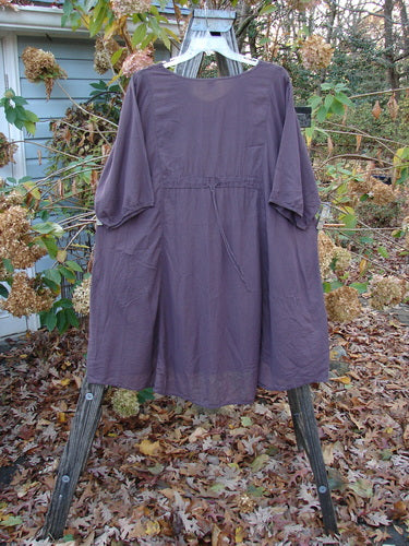 Barclay Linen Drawback Pocket Tunic Golden Daisy Plum Size 2 displayed on a swing, showcasing its lightweight short sleeves and flowing design, perfect for expressing individuality with vintage Blue Fish flair.