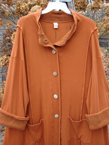 Barclay Thermal Mock Collar Coat Mixed Media Pumpkin Size 2 with buttons, stand-up collar, wide sleeves, front pockets, and artistic rear graphic.