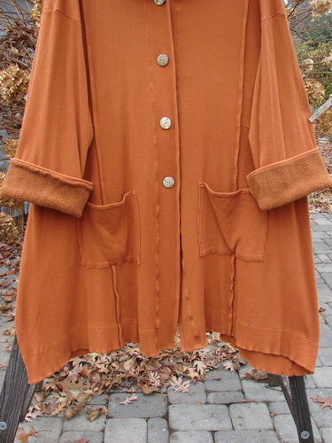 Barclay Thermal Mock Collar Coat Mixed Media Pumpkin Size 2 displayed on a rack, showcasing wide longer sleeves, wooden-like buttons, a sweeping A-line shape, and fleece-lined collar and cuffs.