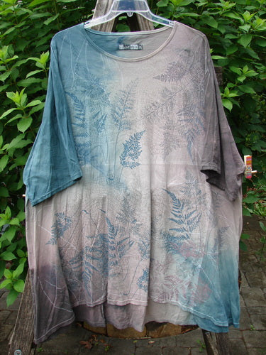 Barclay Art Tee Fern Garden Mottled Pure Dawn OSFA, showcasing a fern design on medium weight organic cotton with a tunic length, drop shoulders, and rounded neckline, embodying Blue Fish Clothing's creative vintage style.