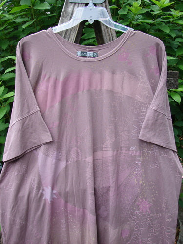 Barclay Long Tee Tie Back Dress Star & Moon Mottled Dark Mauve OSFA displayed on a hanger, featuring a seamless front, rounded neckline, drawcord back, and star and moon motifs.