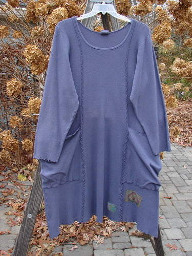 Barclay Patched Thermal Drop Pocket Dress Tiny Leaf Vine Royal Blue Size 1 on a clothes rack, showcasing its oversized pockets, exterior seams, and hand-painted patches.