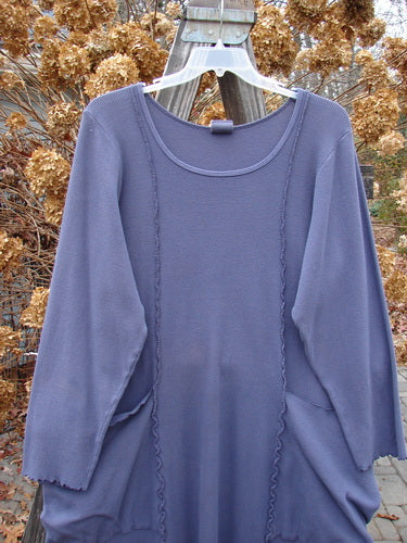 Barclay Patched Thermal Drop Pocket Dress Tiny Leaf Vine Royal Blue Size 1 displayed on a hanger, showcasing long sleeves, a deeper neckline, oversized pockets, and hand-painted patches.