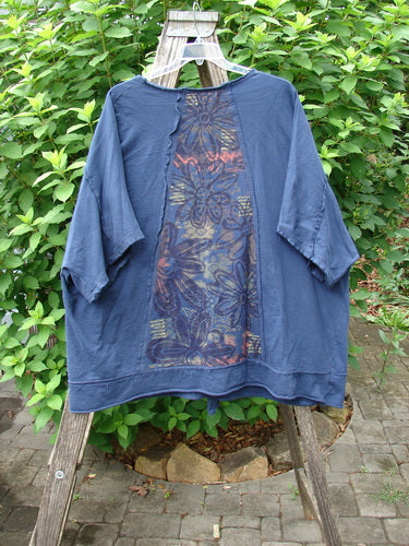 Barclay Photogram Open Front Jacket Rear Daisy Deep Navy OSFA features three-quarter length sleeves, open front, angular hem, raw edges, and dolman shoulders with a painted rear daisy theme.